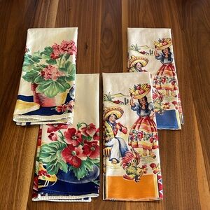 Lot of Four Colorful Vintage Linen Cotton Dishtowels